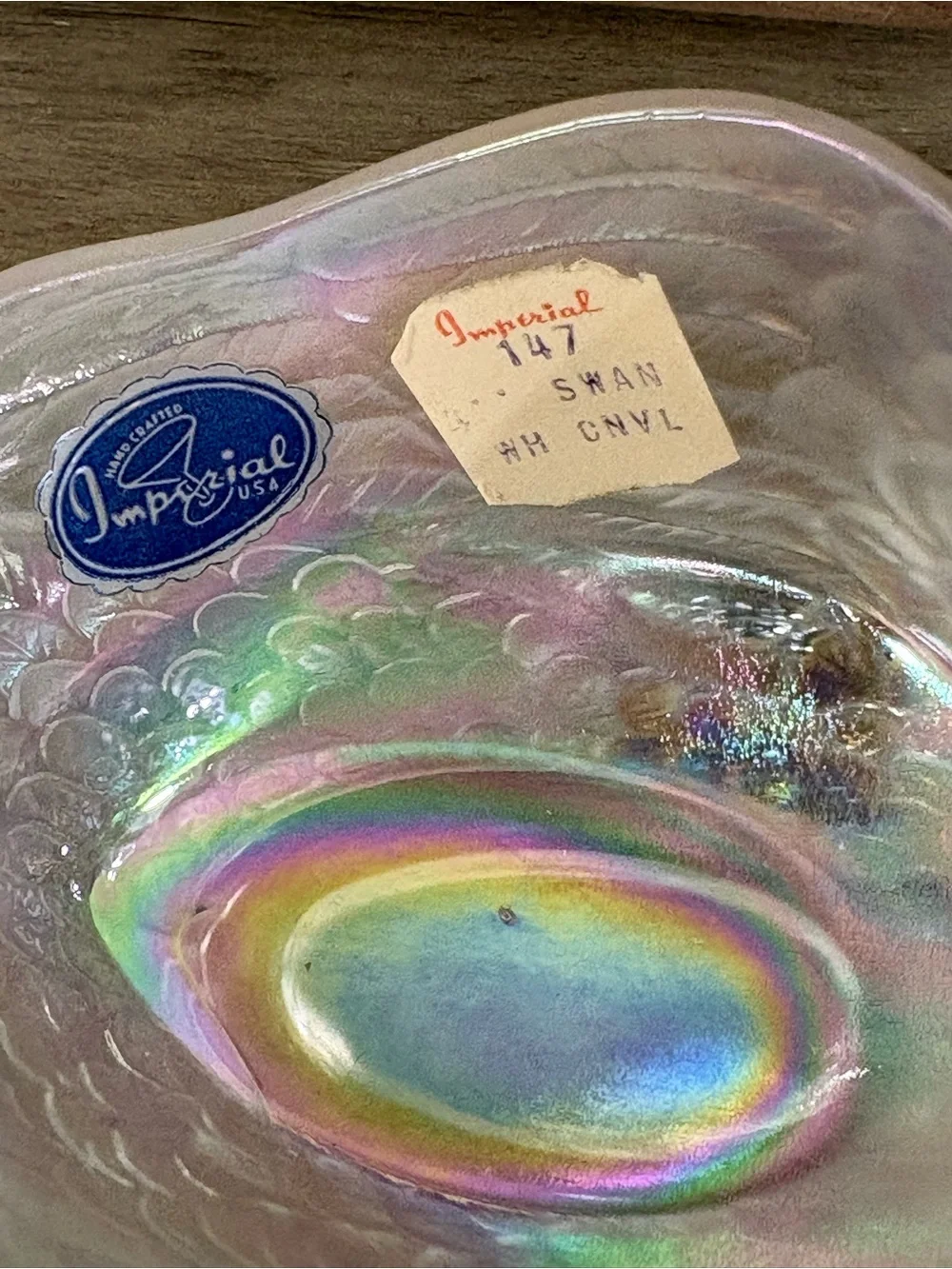 Imperial Iridescent Carnival Glass Swan Trinket or Candy Dish.